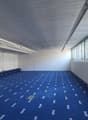 Garage room, white walls, blue carpet, 12 large windows, 2 fluorescent light fixtures, blank wall