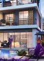 Two-story modern tropical-style villa with balconies, large windows, and a swimming pool surrounded by lush landscaping and purple flowers.