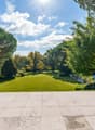 large open green lawn with trees, plants, marble vases, bright blue sky, sunny