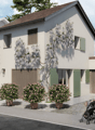 Modern two story house, light gray exterior, double garage, large front garden, trees, shrubs, garden with 5 pink potted plants