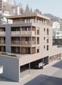 residential building, balconies, underground parking, mountain view, car in the parking