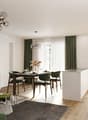 modern open plan kitchen and living room, dining area, wooden floors, white walls, modern green furniture, central chandelier
