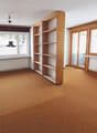 empty room, hardwood floor, large windows, a shelf, sliding door, radiators