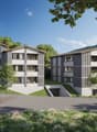 Three apartments, gray exterior, white windows, underground parking, mountain view