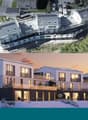 House: 3 story house, white exterior, glass windows, balconies, solar panels, snow, outdoor furniture, trees