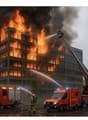 A multi-story office building on fire, with flames and thick black smoke billowing from the windows. Fire trucks and firefighters are on the scene, using water hoses to try to extinguish the blaze.
