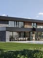 Two-story modern house with a flat roof, large glass windows, and a mix of dark gray and wood exterior materials. The house has a swimming pool and a balcony or terrace on the upper level.