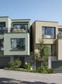 2-story house, green exterior, glass windows, 2 garages, balconies