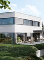 Modern white house, large glass windows, outdoor terrace, garden, patio furniture