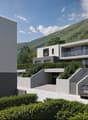 modern two-story house, white and gray exterior, large windows, concrete garage with two parking spaces, green roof terrace with plants, steps leading to the entrance, mountain landscape in the background