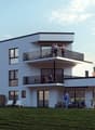 Modern 3 story house, white exterior, multiple balconies, elevated ground floor, large lawn, distant building