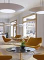 modern design, large windows, wooden floors, yellow chairs, round table, plants, lamp, minimalistic style