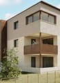 3-story apartment building with modern, minimalist design. Exterior features include large windows, balconies, and a parking space in front of the building.