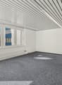 empty office room, white walls, ceiling with lines, radiators, windows, carpet