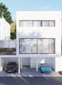 2-story modern white house with large windows, garage, and parking space for 2 cars