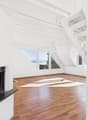 empty room, wooden floor, white walls, fireplace, glass windows, glass door