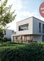 Modern white house, large windows, glass doors, swimming pool, garden, trees