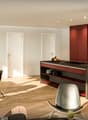 Dining room with wooden floor, modern furniture, red cabinets, kitchen island, dining table, chairs, artwork, pendant lights, glass door