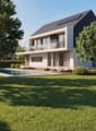 Modern two-story house with a solar panel, swimming pool, and large glass windows