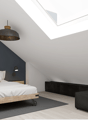 attic room with blue wall, white ceiling, wooden bed, skylight, bedside tables, storage units, black ottoman, black rug