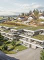 3-storey building with green roof, terrace, underground parking, car park, garden, walkway, surrounding countryside