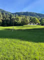 hill, green lawn, two houses at the back, clear view of the mountains