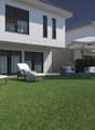 modern 2 story house, large white patio with fake grass, 2 loungers, 1 couch, 1 umbrella, steps leading up to patio
