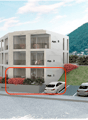 Apartment block, 5 floors, 5 apartments, parking area highlighted, landscaped area