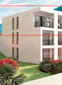 Modern multistory apartment building, white exterior, multiple balconies, car park area