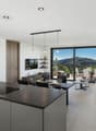 modern kitchen, dining area, large sliding doors, glass wall, balcony, living room with couch, dining table, potted plant, modern art pieces