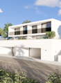 Modern 2-story house, white exterior, 2 garages, elevated ground floor, large windows, surrounded by greenery