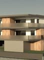 3-story apartment building with a modern, minimalist design. The building has a rectangular shape with a flat roof and large windows. The exterior features a combination of concrete, wood, and glass materials. There is a garage and parking spaces visible