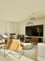 fireplace, tv, couch, 2 chairs, table, plant, pendant lights