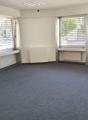 Empty room with three windows, grey carpet, radiators, ceiling lights