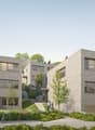Modern apartment building, concrete exterior, large windows, balconies, landscaped garden, walking path