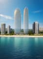 Two high-rise buildings, modern design, glass facades, located on the beach, surrounded by other buildings and greenery