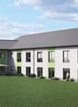 2 story house, white and green, gray roof, balcony, stairs, garden, artificial grass
