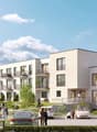Modern apartment building, white exterior, multiple balconies, landscaped garden, parking area, people walking