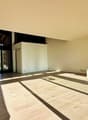 modern interior, wooden floor, white walls, glass door, fireplace