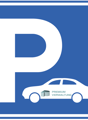 Blue sign with white letter P and car icon, text reads 'Premium Verwaltung'