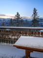 wooden fence, wooden table, snow, mountains, trees