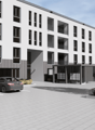 modern multi-story apartment building, white walls, glass windows, balconies, parking area