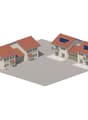 Two houses, each with a garage, red roofs, solar panels on the roof