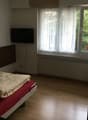 single bed, TV, window with curtains, wooden floor, wall painting, radiator