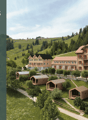 large hotel, smaller chalets, surrounded by trees, on hill