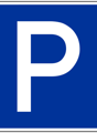 Blue square sign with a white 'P' symbol, indicating a parking area or parking lot.