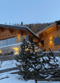 Two-story wooden chalet-style house with large windows, balcony, and snow-covered surroundings. The house has a warm, cozy appearance with exterior lighting illuminating the scene.