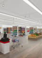 modern retail store, wooden floor, modern lighting fixtures, modern shelves, modern checkout counters, shopping trolleys, red chairs, checkout stations, fruit and vegetable section