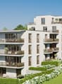 Modern apartment building with multiple balconies, landscaped garden, and green surroundings