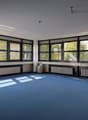 empty room, blue carpet, large windows, two floor lamps, grey radiators